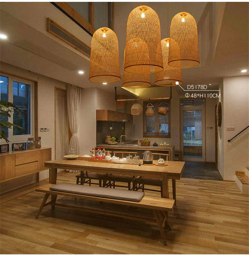 Vintage Bamboo Art Pendant Lights Wood Wicker Chinese Lamp Suspension Home Indoor Dining Room