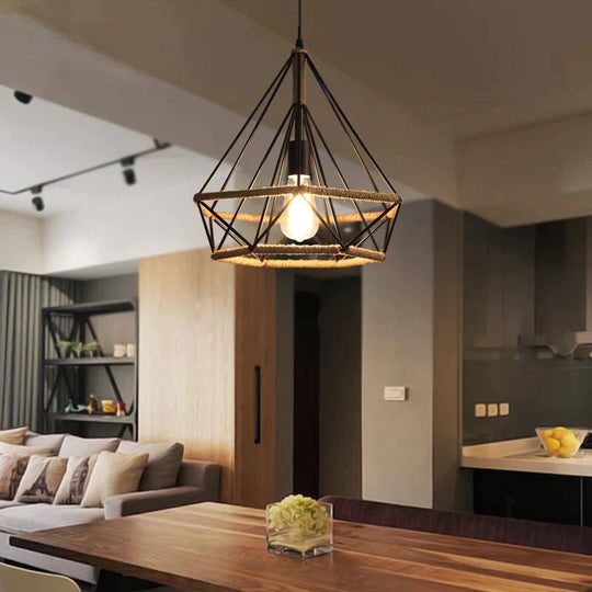 American Retro Pendant Lights Creative Diamond Hemp Rope Iron Lamps For Clothing Shop Bar