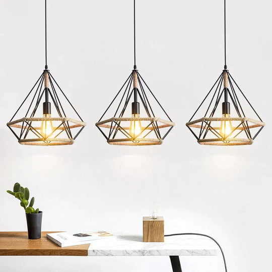 American Retro Pendant Lights Creative Diamond Hemp Rope Iron Lamps For Clothing Shop Bar