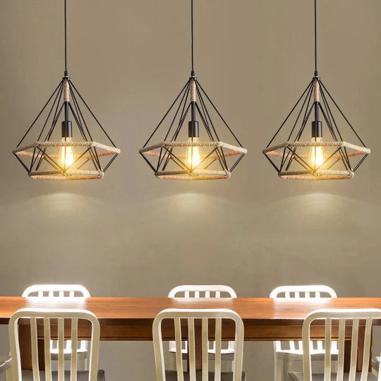 American Retro Pendant Lights Creative Diamond Hemp Rope Iron Lamps For Clothing Shop Bar