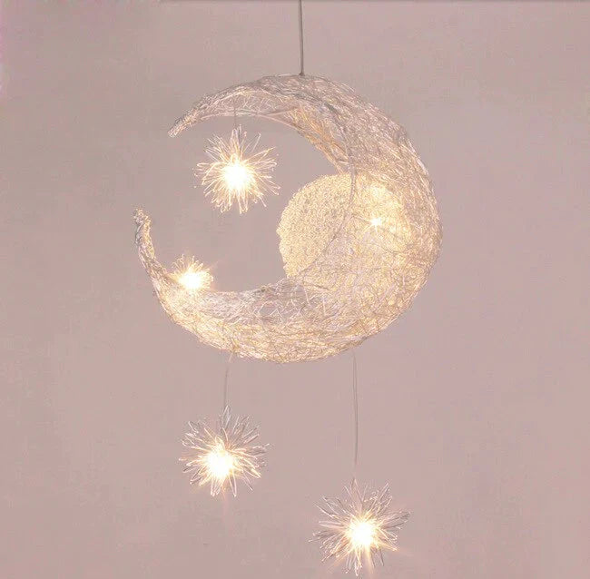 Novelty Led Modern Pendant Lamp Moon Star Wicker Nest Balcony Droplight With 5*G4 Bulb For Kid