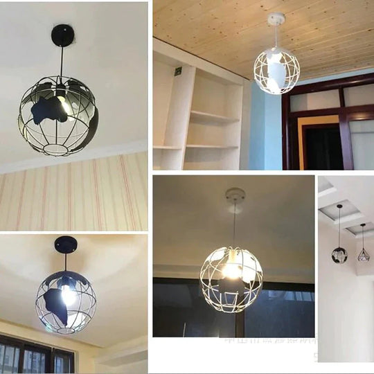 Art Deco Globe Black White Modern Pendant Lamp Iron Cage Loft E27 Cord Lights For Dining Room