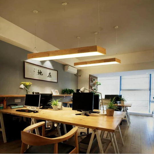 Pendant Lights Natural Wood Modern Rectangular Long Lamp Hotel Hall Shop Commercial Study Room Light