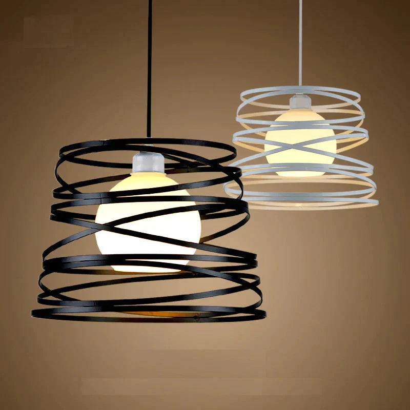 Simple Iron Spiral Pendant Lamp Light Shade 32Cm Black / White For Kitchen Island Dining Room