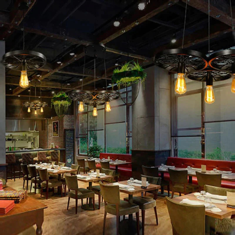 Retro Industrial Iron Wheel Vintage Black Pendant Lamp Classic Loft Lights E27 For Restaurant