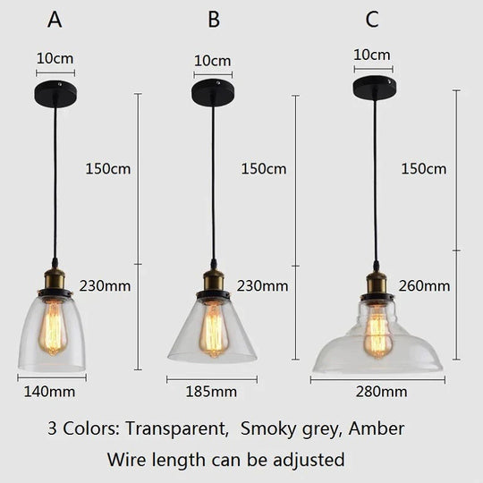 Vintage Glass Pendant Lights Loft Hang Lamp Smoky Grey Hanging Light