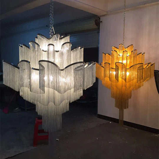 Modern Luxury Silver Gold Aluminium Chain Fringed Pendant Lamp Stair Hanging Light For Home Hotel