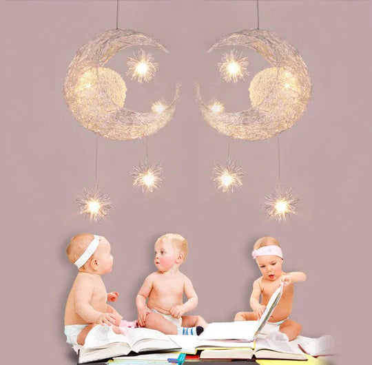 Novelty Led Modern Pendant Lamp Moon Star Wicker Nest Balcony Droplight With 5*G4 Bulb For Kid