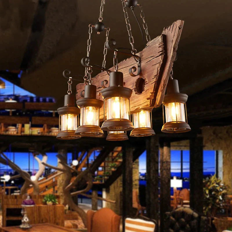 Retro Bar Industrial Wind Chandelier Loft Solid Wood Personality Restaurant Coffee Shop Pendant