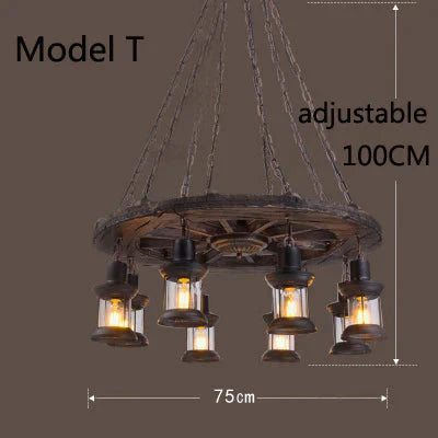 Retro Bar Industrial Wind Chandelier Loft Solid Wood Personality Restaurant Coffee Shop Model T