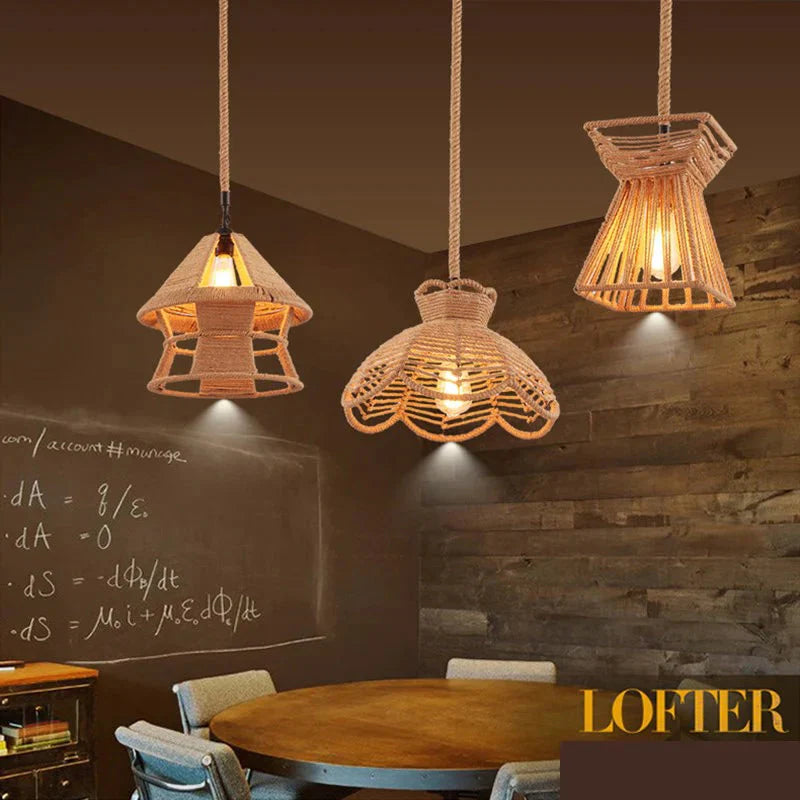 Vintage Pendant Lamp Rural American Retro Creative Personality Hand Knitted Hemp Rope Iron Cafe