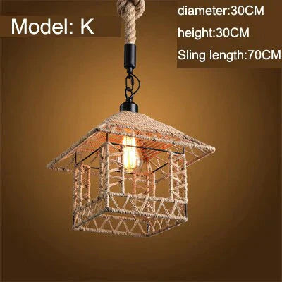 Vintage Pendant Lamp Rural American Retro Creative Personality Hand Knitted Hemp Rope Iron Cafe