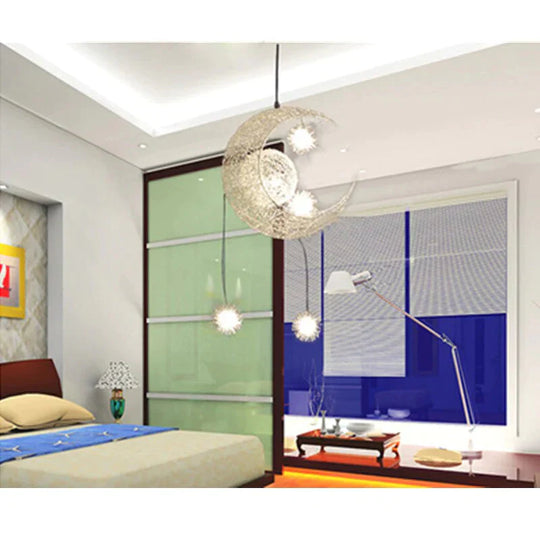 Silver Aluminum Fairy Moon And Star Cord Pendant Lamp For Girl Bedroom Decoration Hanging