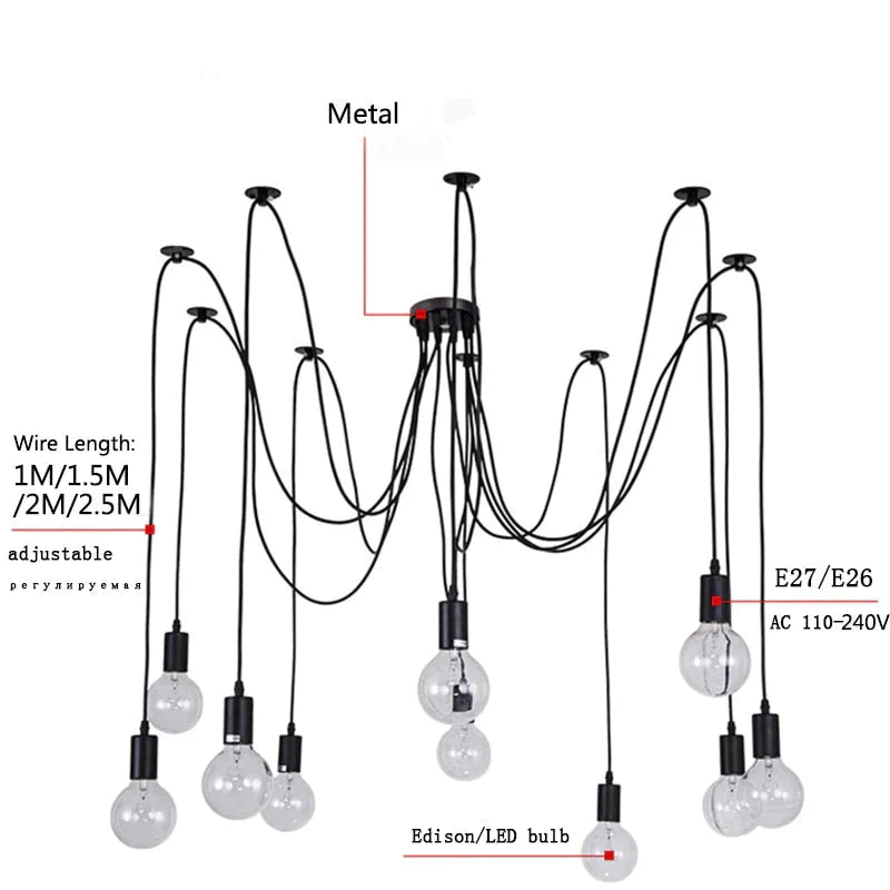Modern Big Spider Industrial Black Vintage Pendant Lamp Loft Led 14 Heads E27 Hanging Lights For