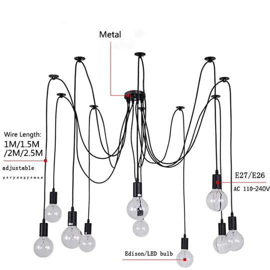 Modern Big Spider Industrial Black Vintage Pendant Lamp Loft Led 14 Heads E27 Hanging Lights For