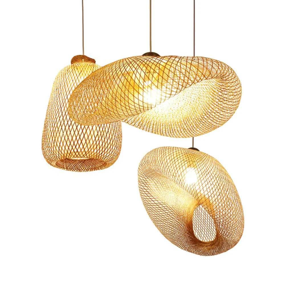 Bamboo Led E27 Wicker Rattan Wave Shade Pendant Light Vintage Japanese Lamp Suspension Home Indoor