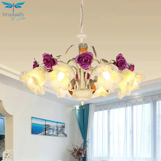 Purple Floral Ceiling Light Countryside White Glass 3/5/6 Bulbs Dining Room Hanging Chandelier