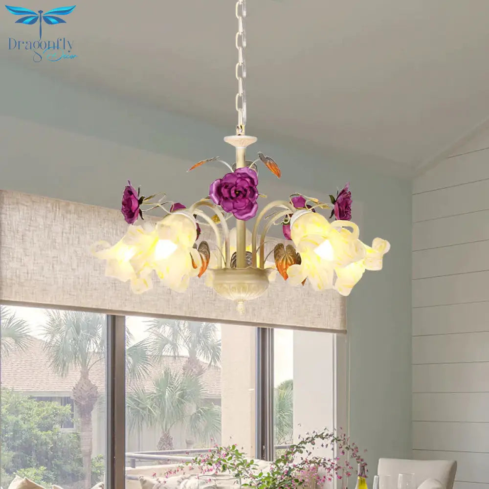 Purple Floral Ceiling Light Countryside White Glass 3/5/6 Bulbs Dining Room Hanging Chandelier