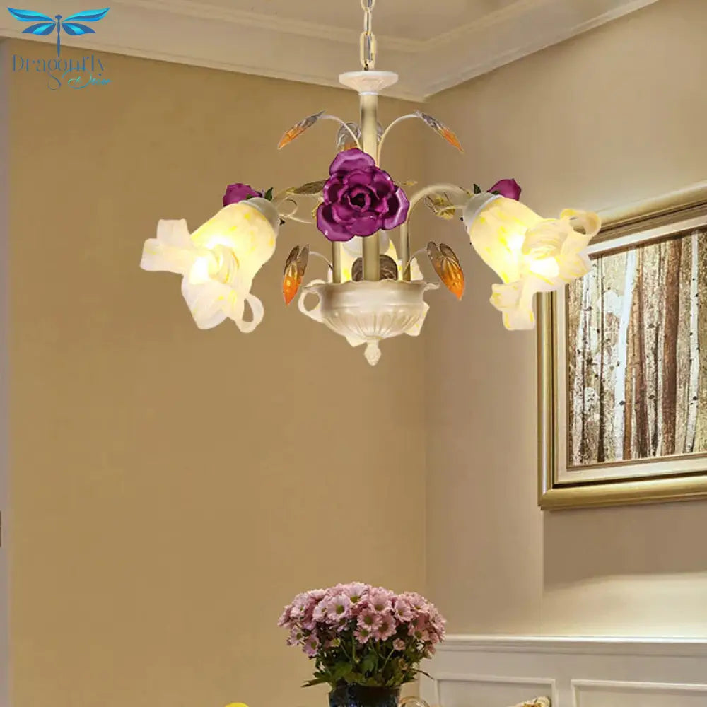 Purple Floral Ceiling Light Countryside White Glass 3/5/6 Bulbs Dining Room Hanging Chandelier
