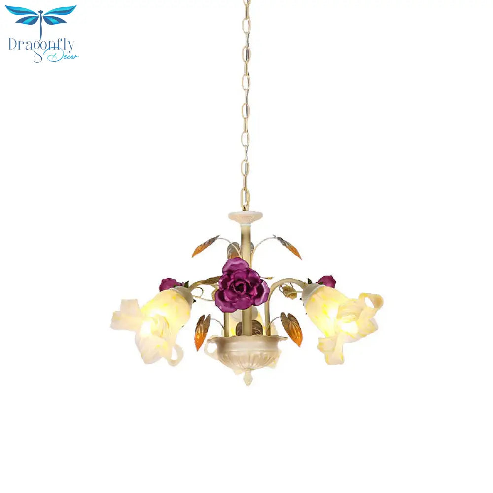 Purple Floral Ceiling Light Countryside White Glass 3/5/6 Bulbs Dining Room Hanging Chandelier