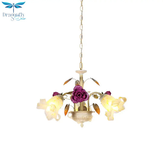 Purple Floral Ceiling Light Countryside White Glass 3/5/6 Bulbs Dining Room Hanging Chandelier