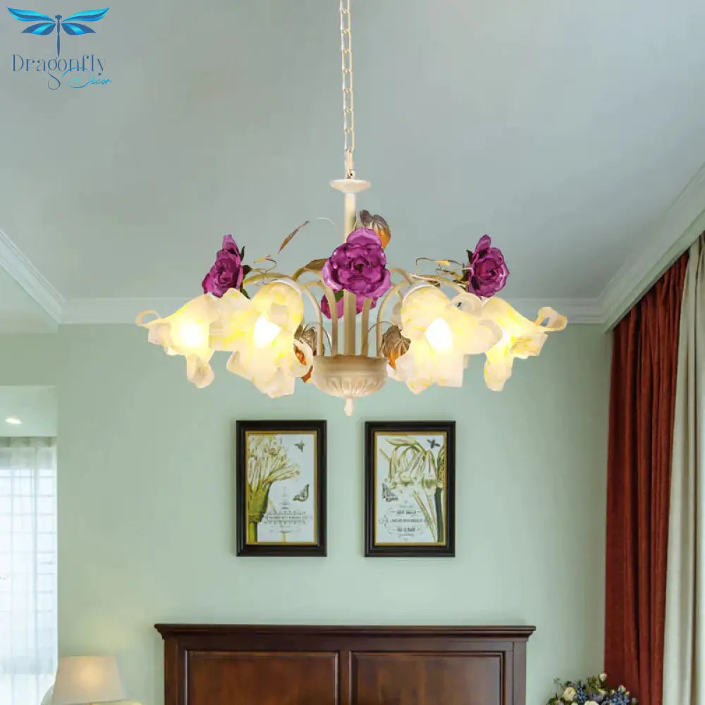 Purple Floral Ceiling Light Countryside White Glass 3/5/6 Bulbs Dining Room Hanging Chandelier