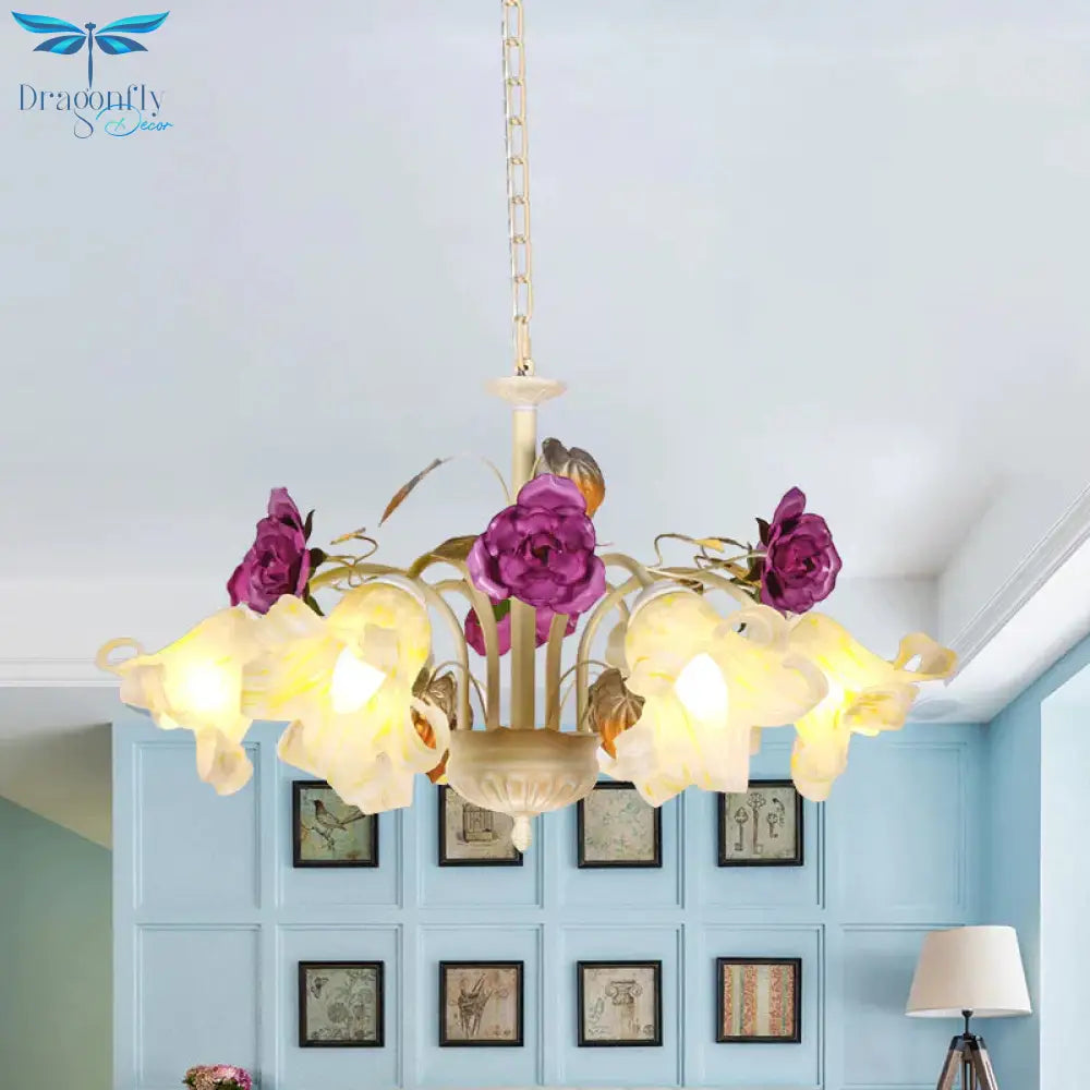 Purple Floral Ceiling Light Countryside White Glass 3/5/6 Bulbs Dining Room Hanging Chandelier