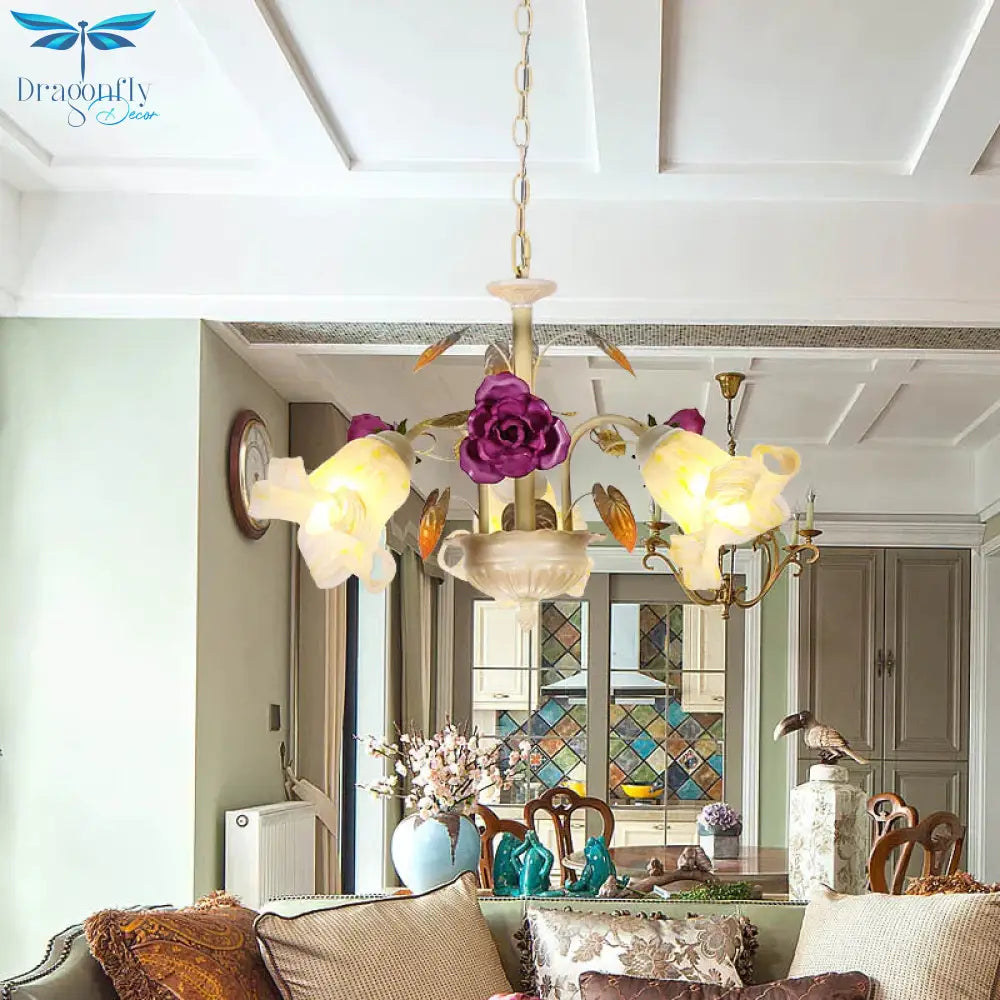 Purple Floral Ceiling Light Countryside White Glass 3/5/6 Bulbs Dining Room Hanging Chandelier