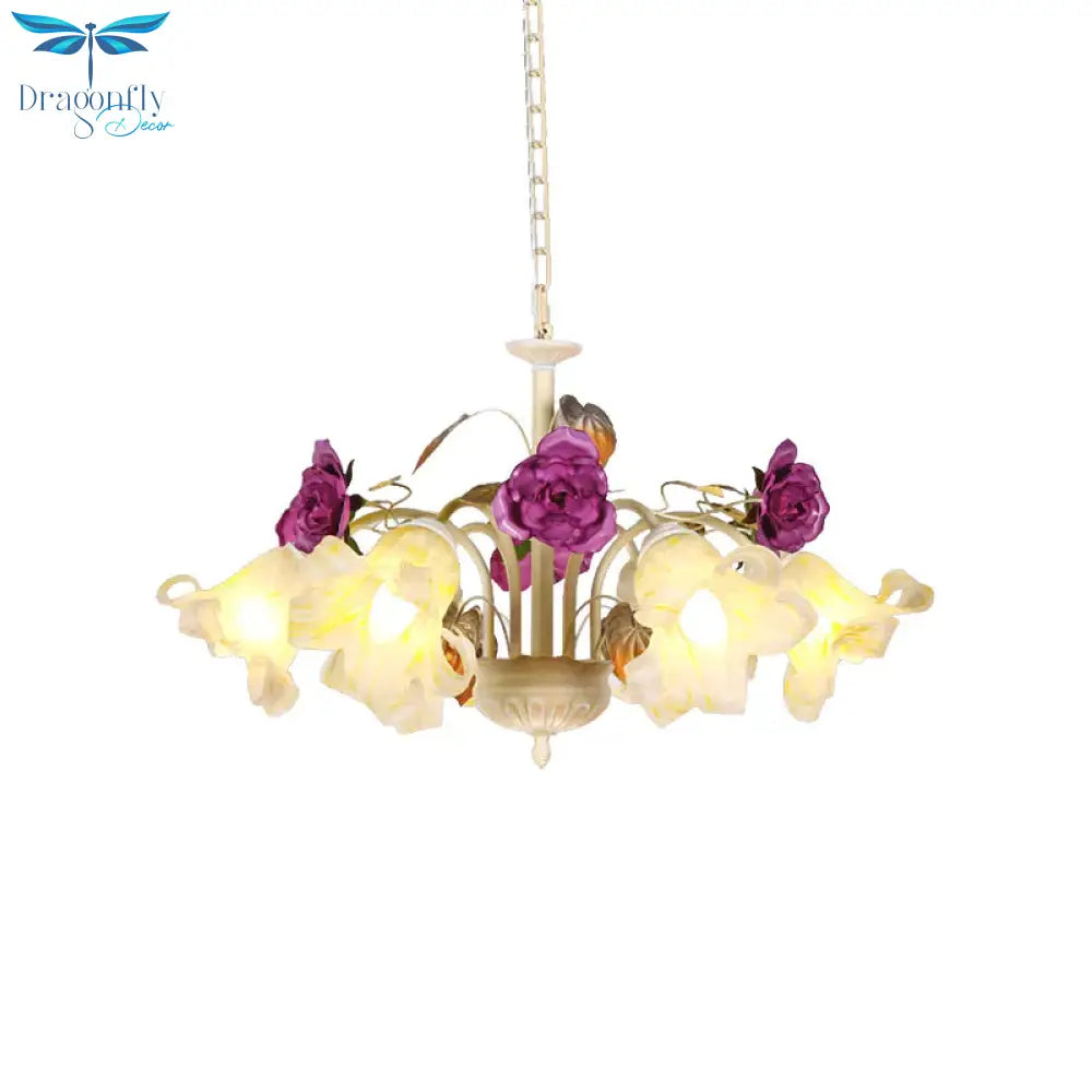 Purple Floral Ceiling Light Countryside White Glass 3/5/6 Bulbs Dining Room Hanging Chandelier