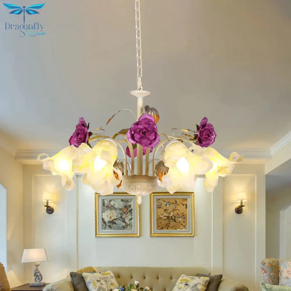 Purple Floral Ceiling Light Countryside White Glass 3/5/6 Bulbs Dining Room Hanging Chandelier
