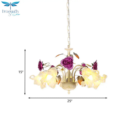 Purple Floral Ceiling Light Countryside White Glass 3/5/6 Bulbs Dining Room Hanging Chandelier