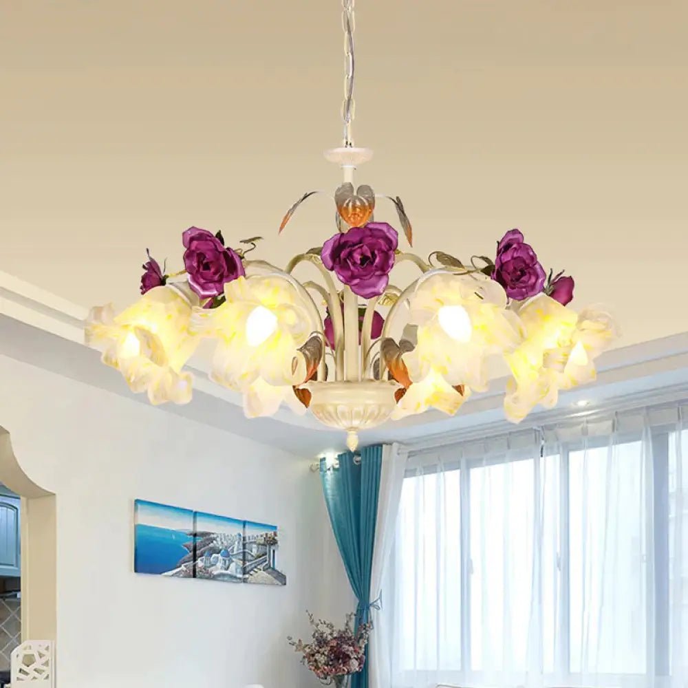Purple Floral Ceiling Light Countryside White Glass 3/5/6 Bulbs Dining Room Hanging Chandelier 8 /