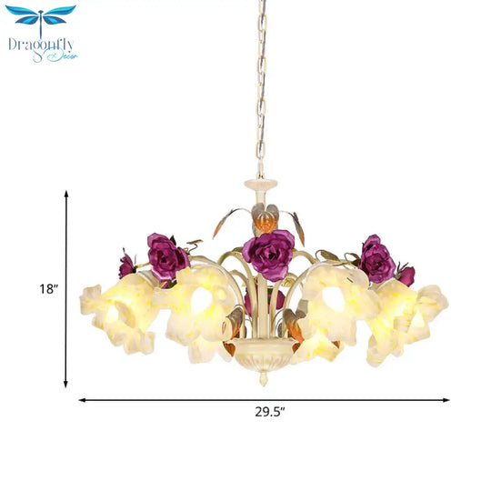 Purple Floral Ceiling Light Countryside White Glass 3/5/6 Bulbs Dining Room Hanging Chandelier