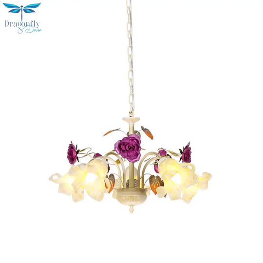 Purple Floral Ceiling Light Countryside White Glass 3/5/6 Bulbs Dining Room Hanging Chandelier