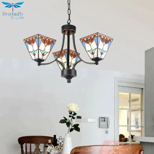 Pyramid Cut Glass Chandelier Lighting Fixture Mediterranean 3/6/8 Lights Blue And Orange/Pink