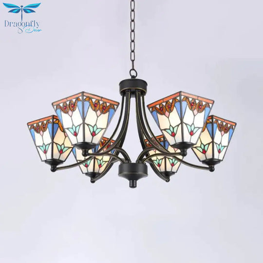 Pyramid Cut Glass Chandelier Lighting Fixture Mediterranean 3/6/8 Lights Blue And Orange/Pink