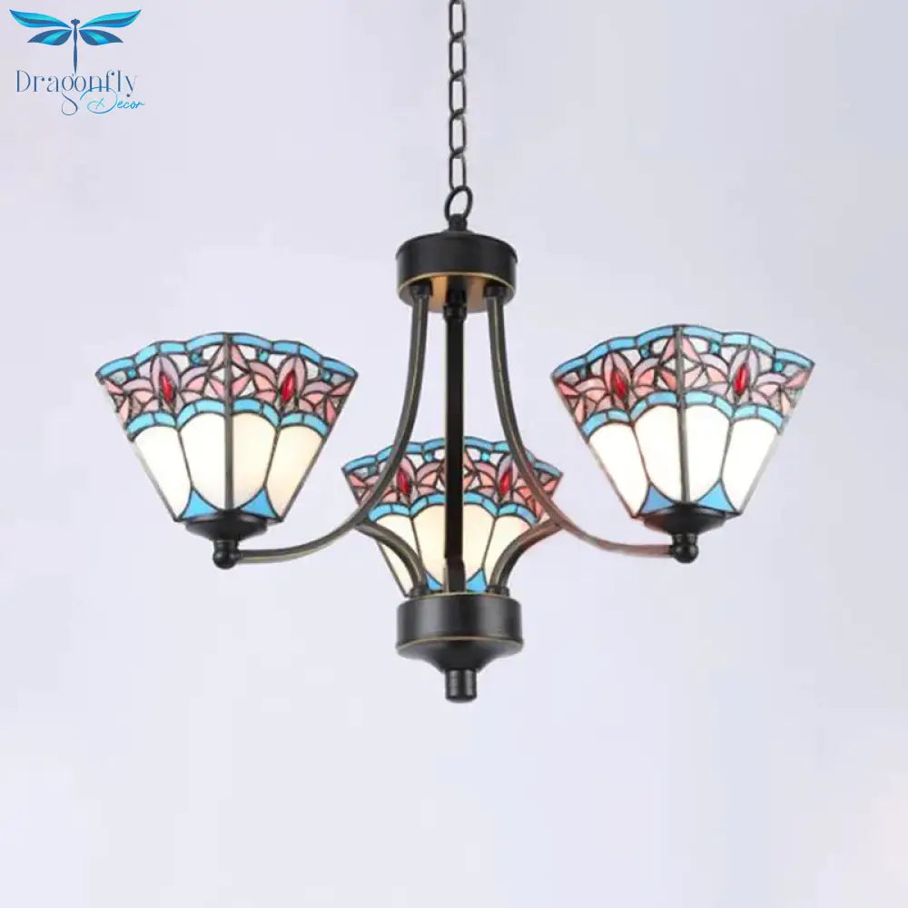 Pyramid Cut Glass Chandelier Lighting Fixture Mediterranean 3/6/8 Lights Blue And Orange/Pink