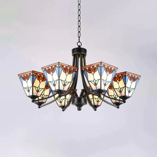 Pyramid Cut Glass Chandelier Lighting Fixture Mediterranean 3/6/8 Lights Blue And Orange/Pink