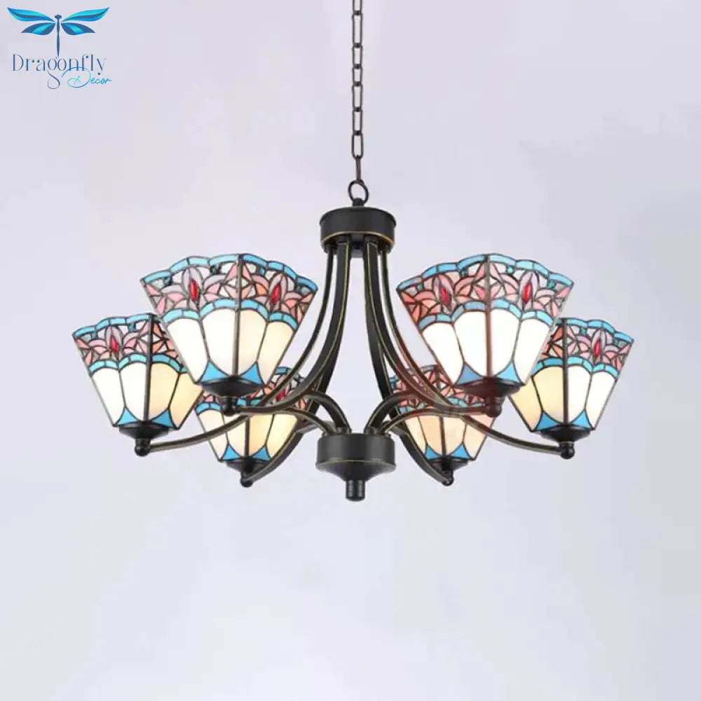 Pyramid Cut Glass Chandelier Lighting Fixture Mediterranean 3/6/8 Lights Blue And Orange/Pink
