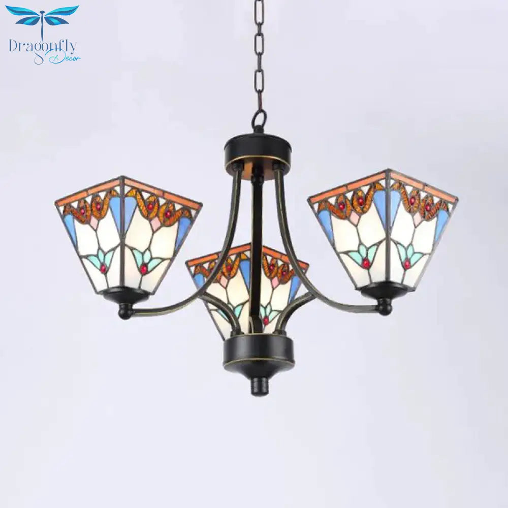 Pyramid Cut Glass Chandelier Lighting Fixture Mediterranean 3/6/8 Lights Blue And Orange/Pink