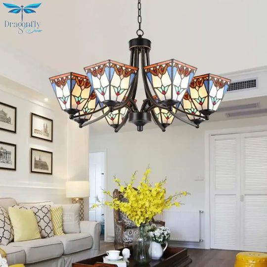 Pyramid Cut Glass Chandelier Lighting Fixture Mediterranean 3/6/8 Lights Blue And Orange/Pink