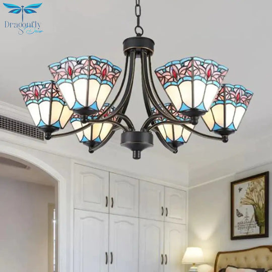 Pyramid Cut Glass Chandelier Lighting Fixture Mediterranean 3/6/8 Lights Blue And Orange/Pink