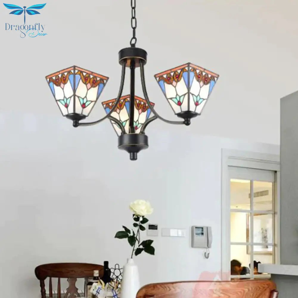 Pyramid Cut Glass Chandelier Lighting Fixture Mediterranean 3/6/8 Lights Blue And Orange/Pink