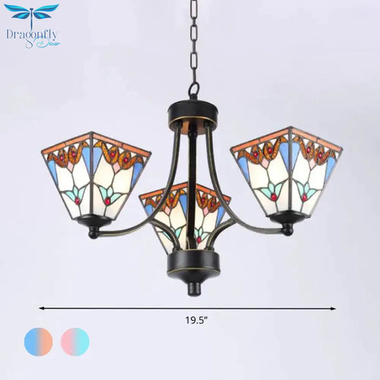 Pyramid Cut Glass Chandelier Lighting Fixture Mediterranean 3/6/8 Lights Blue And Orange/Pink