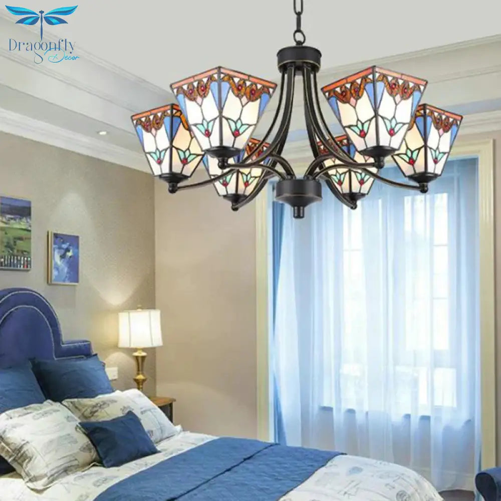 Pyramid Cut Glass Chandelier Lighting Fixture Mediterranean 3/6/8 Lights Blue And Orange/Pink