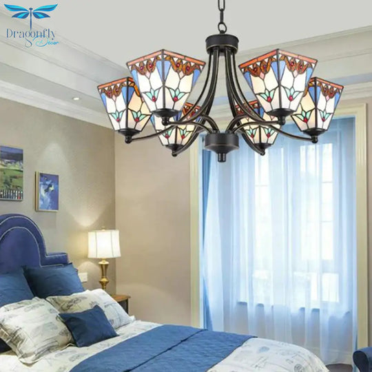 Pyramid Cut Glass Chandelier Lighting Fixture Mediterranean 3/6/8 Lights Blue And Orange/Pink