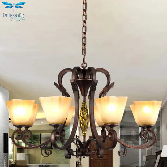Pyramid Living Room Chandelier Lighting Antique Beige Glass 6/8 Heads Brown Suspension Light