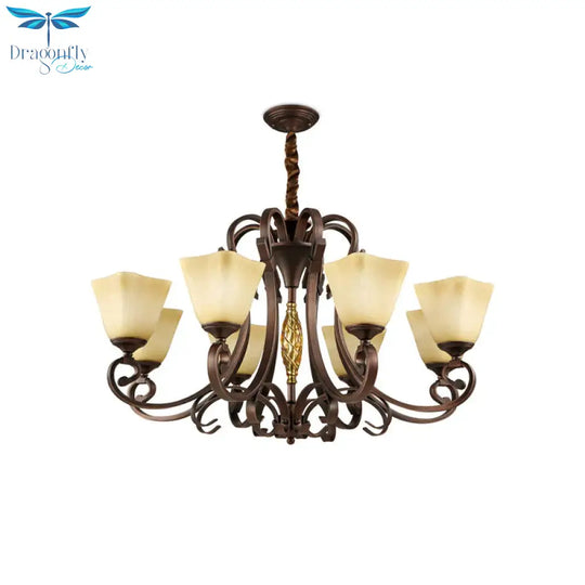 Pyramid Living Room Chandelier Lighting Antique Beige Glass 6/8 Heads Brown Suspension Light
