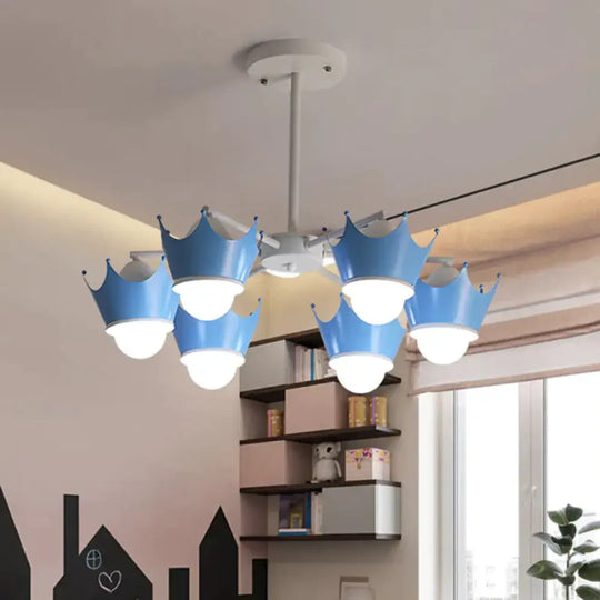 Radial Iron Ceiling Chandelier Kid 6/8 Bulbs Yellow/Blue Hanging Pendant Light With Crown Lamp