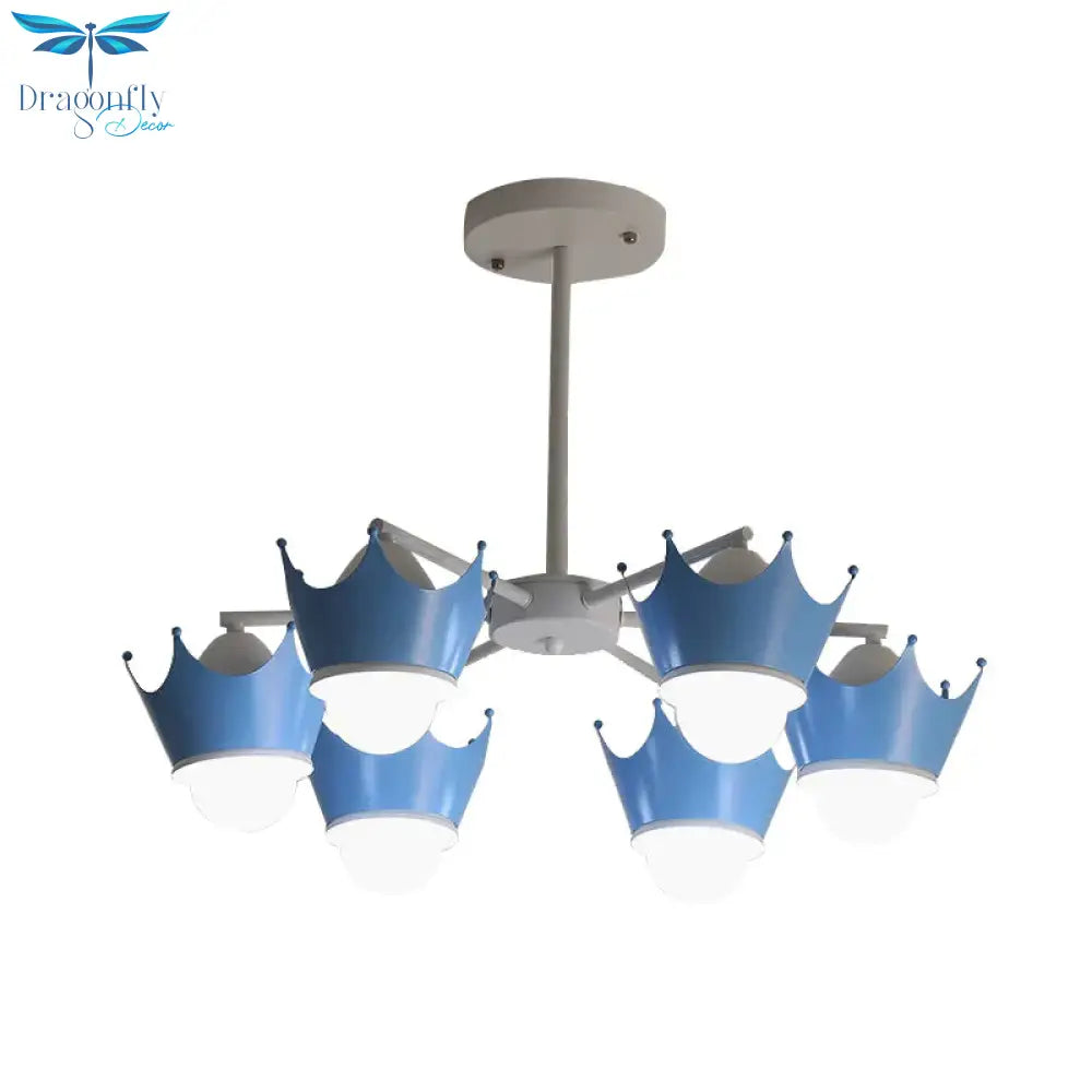Radial Iron Ceiling Chandelier Kid 6/8 Bulbs Yellow/Blue Hanging Pendant Light With Crown Lamp Shade